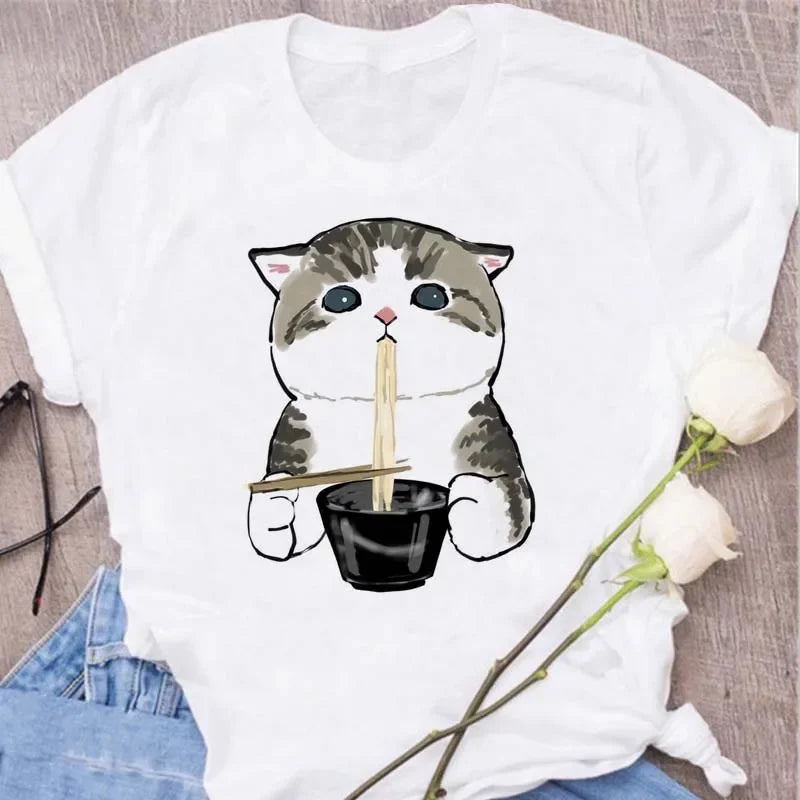 Cute Cats Printing Women T-shirts New Kawaii Women's Tops Fashion Women Clothing Funny Korean Style Creative Casual Clothes Tees