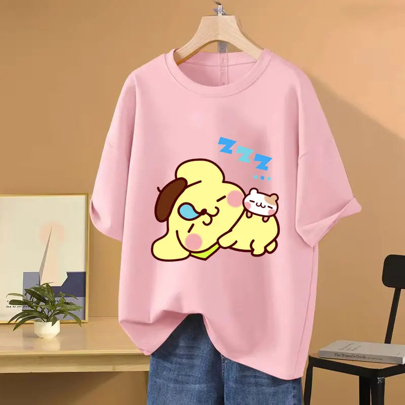 Clothes Pompom Purin Yellow Cartoon Anime Women T-shirt Summer Short Sleeve 100% Cotton Men Tee Shirts Tops 2025 Fashion Couple Clothes