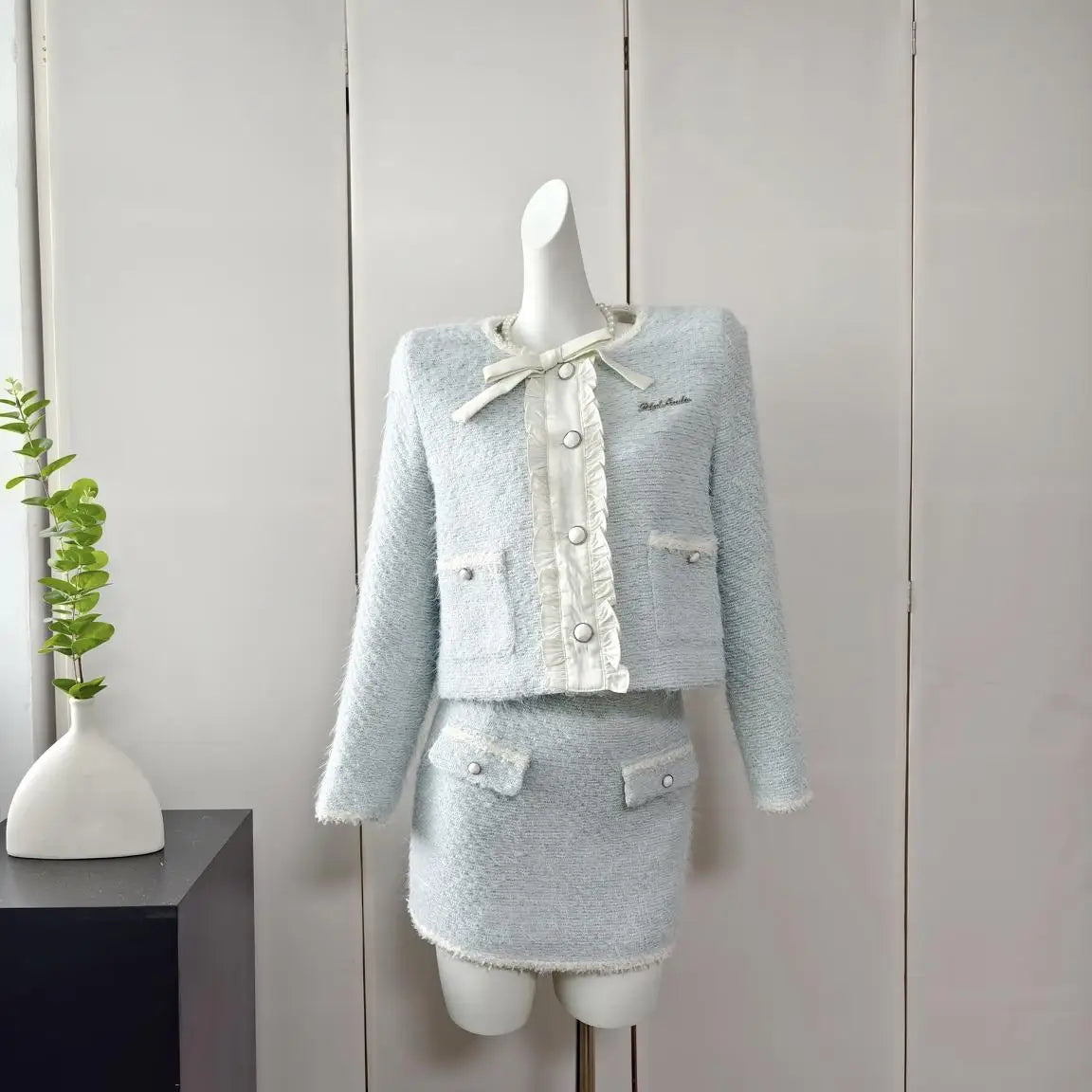Frauen Elegante Tweed Luxus Anzug Strass Jacke Mantel Und Rock Zwei Stück Set Outfit Winter Pailletten Jacquard Party Kleidung 2023