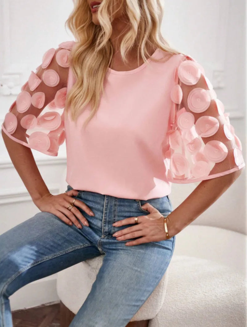 Fashion Lace Splicing Hollow Short Sleeve Women's Blouse Summer Elegant Office Lady Shirt Solid Color Casual O Neck Blouses Tops