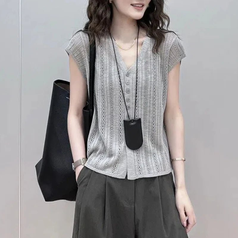 Summer Women Clothing Cardigans T-Shirts Solid V-Neck Hollow Out Fashion Versatile Loose Short Sleeve Linen Knitted Casual Tops clothes