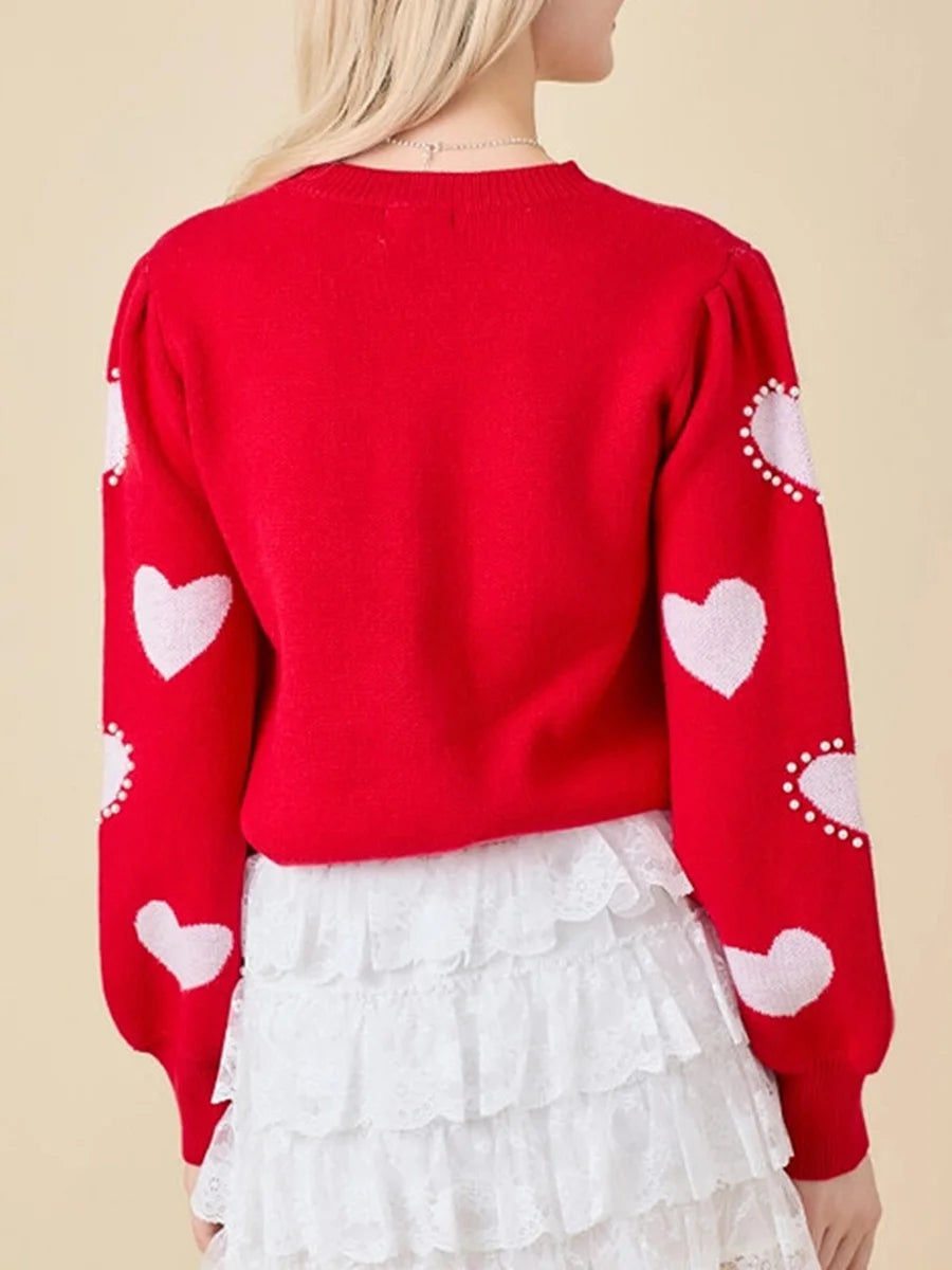 Women s Valentine s Day Knit Sweater Red Long Sleeve Round Neck Heart Print Knitwear