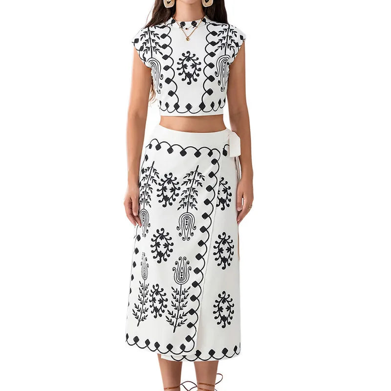 WPNAKS Women Elegant 2 Piece Skirt Sets Office Ladies Summer Clothes Chic Short Sleeve Boho Pattern Tops Long Skinny Skirt