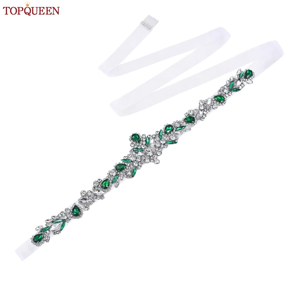 TOPQUEEN S462-KL Rhinestone Bridal Belt Wedding With Green Diamond Wedding Dress Accessories Belt Sash Party Women Dress Belt