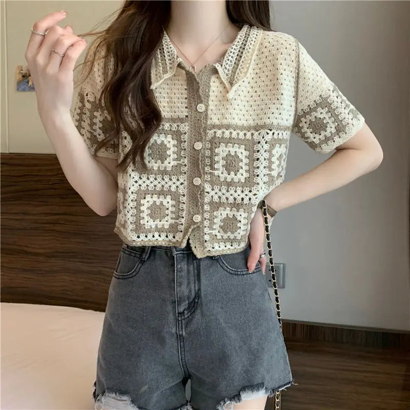 Summer Short Sleeve T-Shirt Retro Knitted Cardigan Outerwear Young Petite Girls Vintage Hollow Out Crop Top Women Clothes