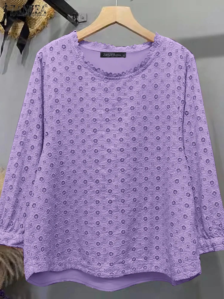 ZANZEA Women Hollow Embroidery Tops 2025 Spring Solid Blouse Vintage 3/4 Sleeve Cotton Blusas Female Daily Wear Clothes Oversize