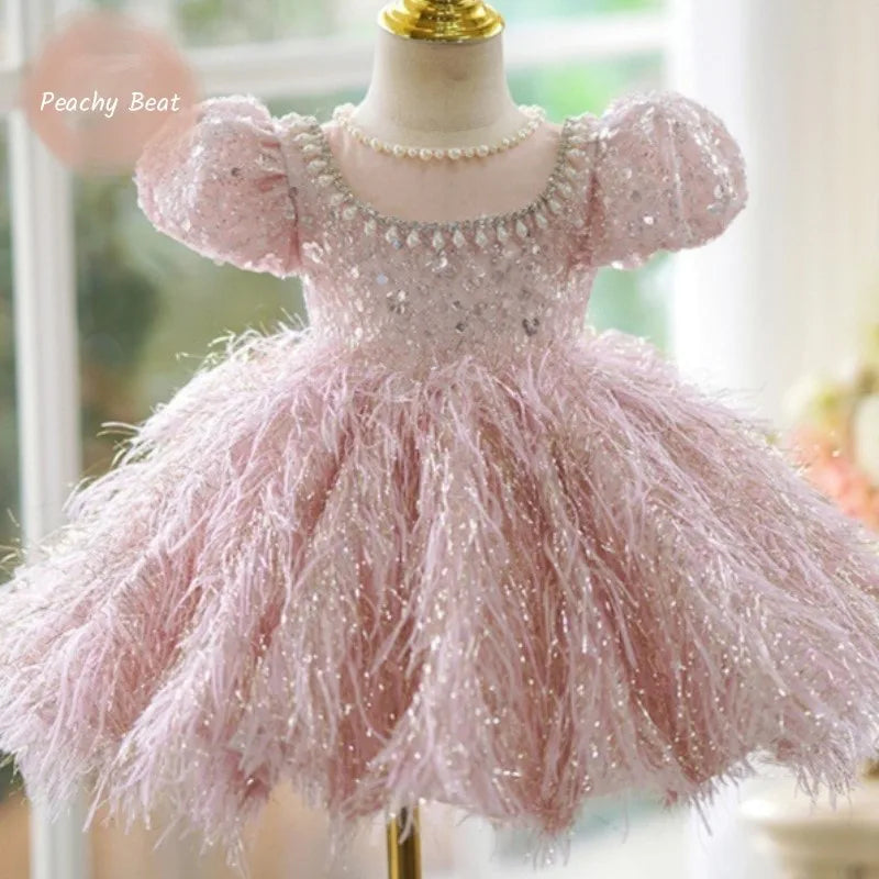 Fashion kids Girl Sequins Feather Dress Puffy Sleeve Pearl Vestido 2-14Y