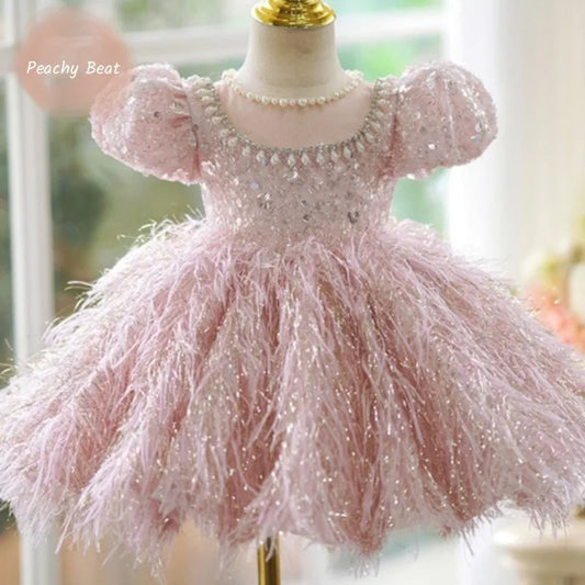 Fashion kids Girl Sequins Feather Dress Puffy Sleeve Pearl Vestido 2-14Y