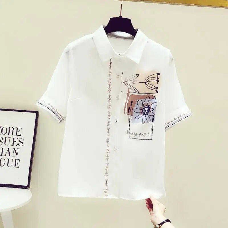 Women's Chic Fashion Chiffon Summer New Solid Color Commute Blouses Short Sleeve Polo-Neck Single-breasted Loose Printed Shirts