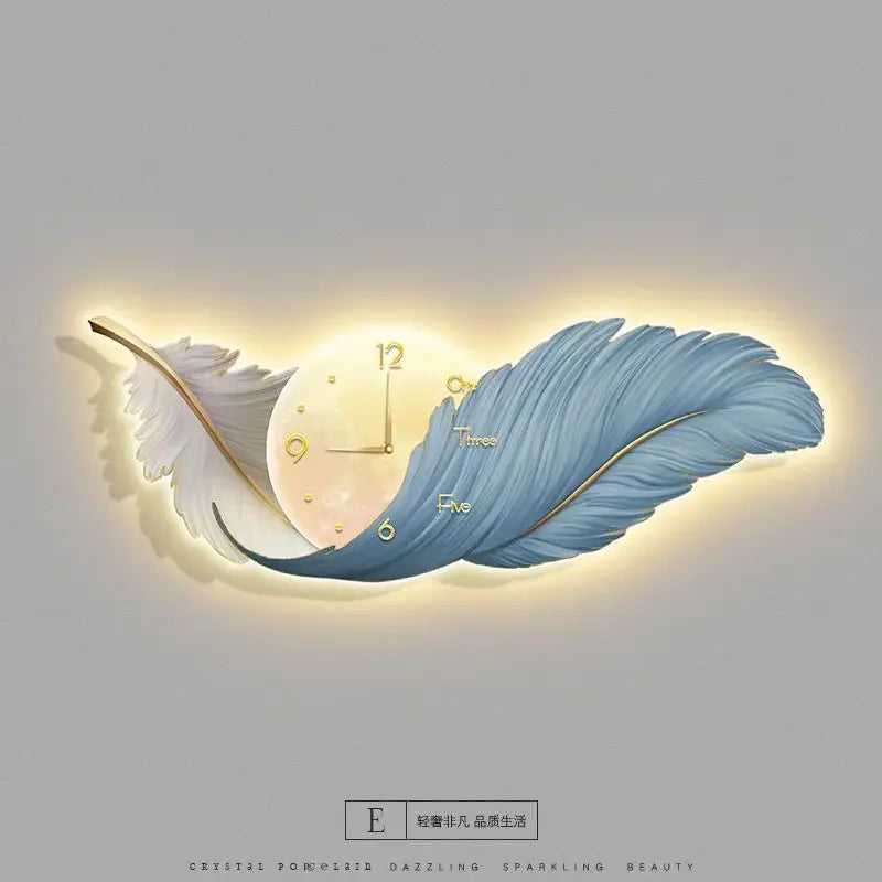 LED Wall Clock Light Luxury Large Art Clocks Living Room Decor Painting Wall Watch Feather Silent Clock Renoj Home Decoration