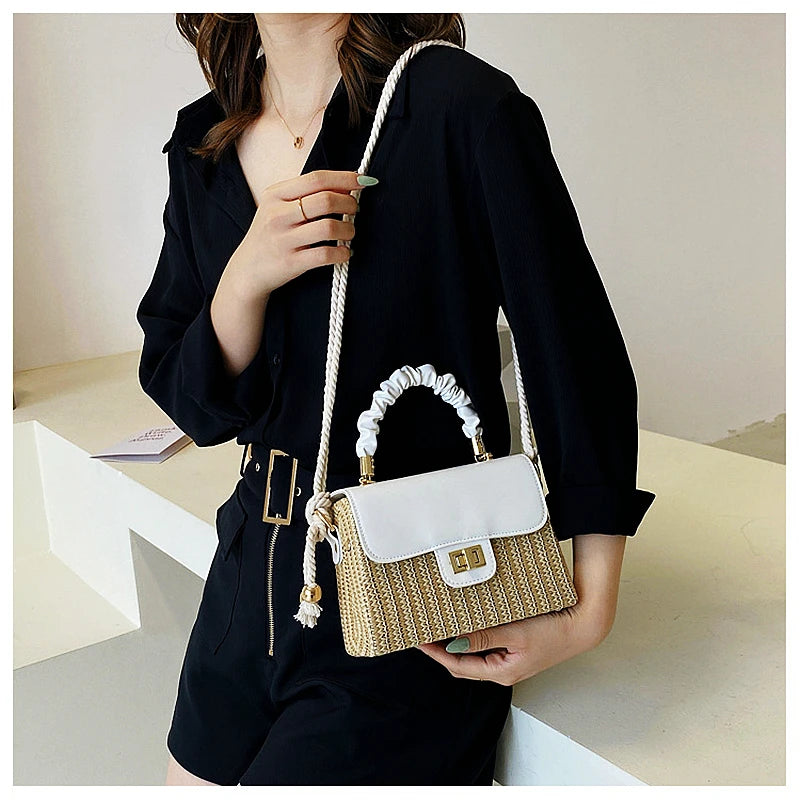 Straw Beach Bag for Women Summer Pleated Handle Luxury Designer Bag Contrast Color Crossbody Purse and Handbag Lady Bolsos