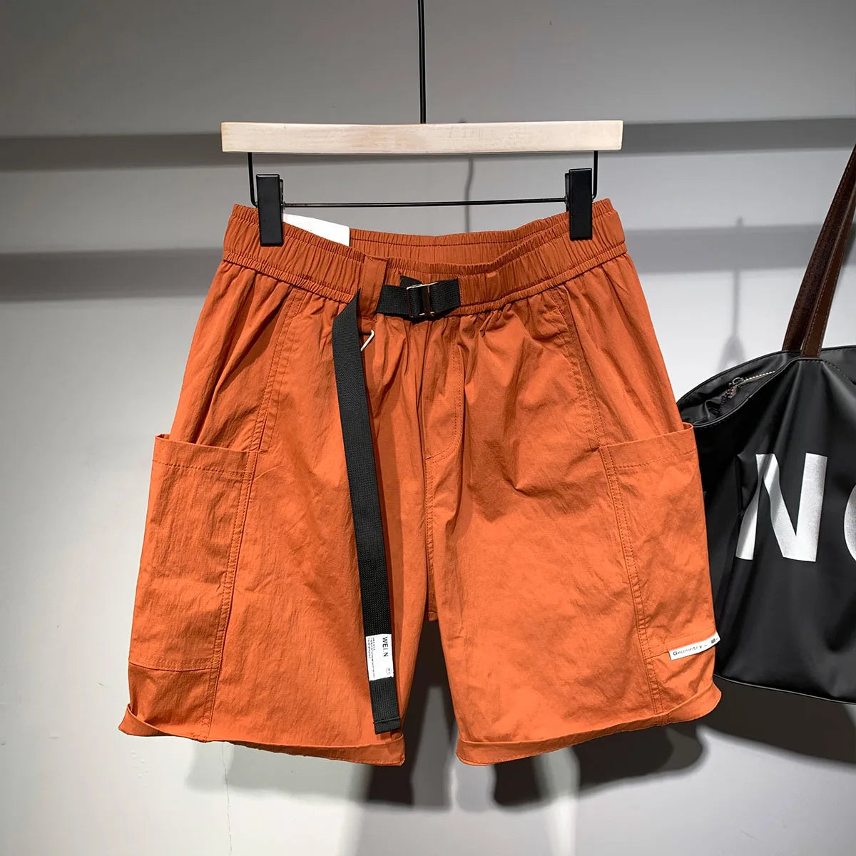 Cargo-Shorts Herren, einfarbig, modisch, Streetwear, japanischer Stil, große Taschen, elastische Taille, schön, fortschrittlich, lässig, Sommer, knielang