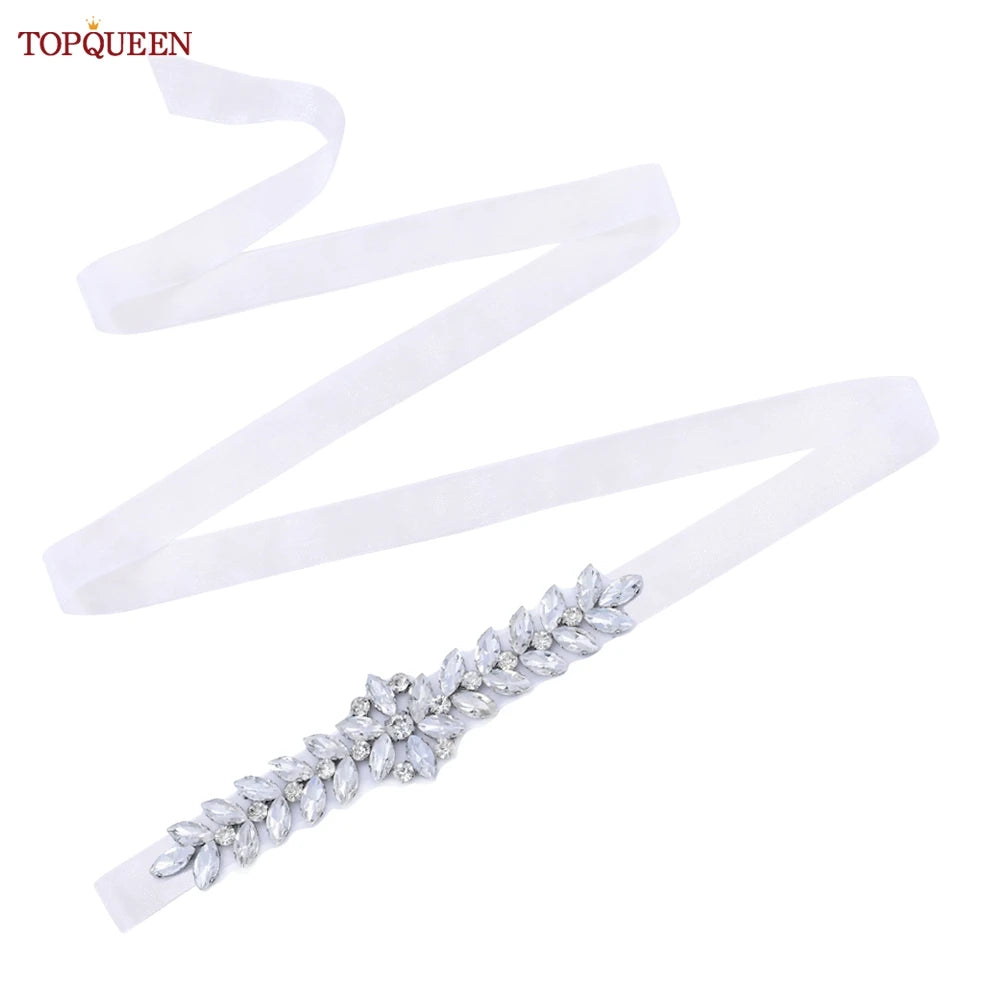 TOPQUEEN Wedding Dress Belt Sash Banquet Party Accessories Bridal Belt Silver Rhinestone Handmade Applique S69