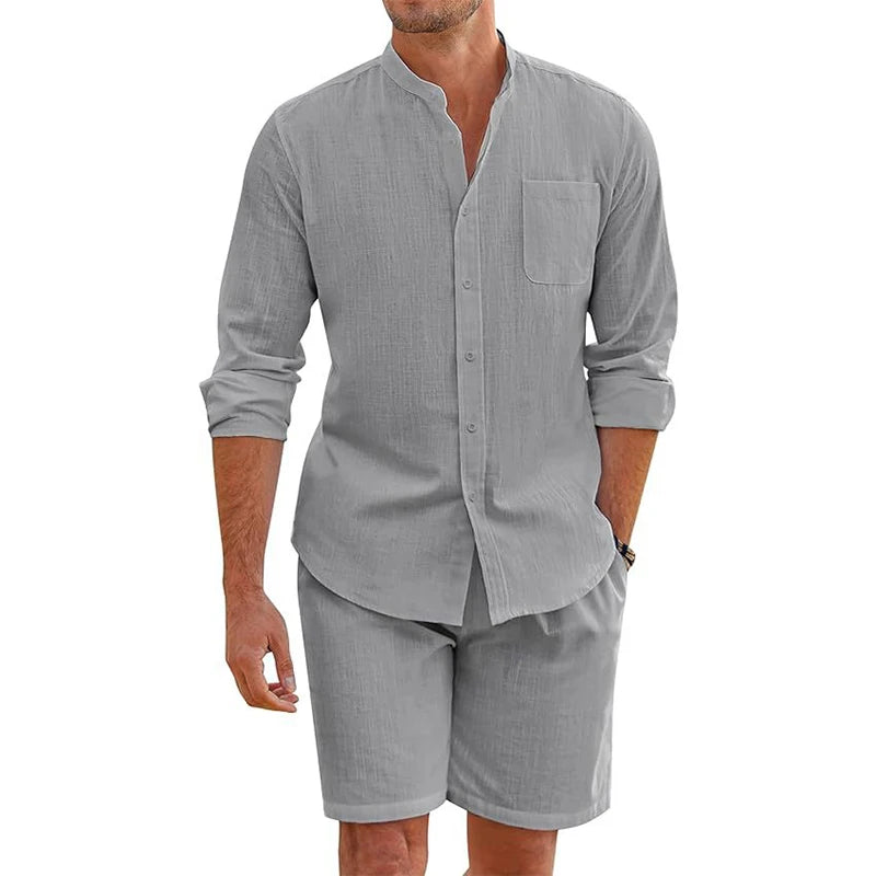 Daily Casual Breathable Cotton Linen Outfits Mens Vintage Stand Collar Button-up Shirts And Shorts Sets For Men Clothing Summer mon