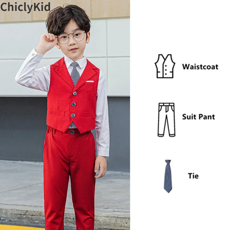 Boy Plaid Vest Blazer Kids Waistcoat Wedding Clothes Set Toddler Formal Dress Suit Child Brooch Shirt Pant Baby Gentlemen Outfit