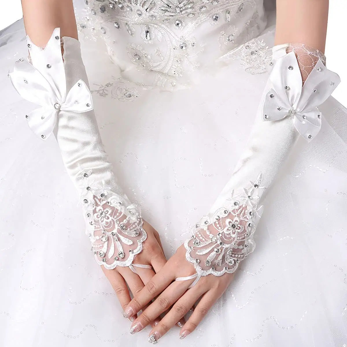Elbow Length Fingerless Satin Embroidery Beads Bridal Wedding Gloves Tea Party Luva De Noiva Cosplay Bridal Accessories
