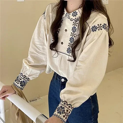 Korobov Vintage Autumn Shirts Embroidery Lapel Long-sleeved Blouses Female Camisas Puffed Sleeve Doll Collar Top Korean Fashion