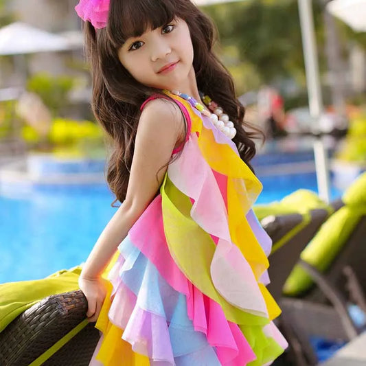Summer Girls Dress No Necklace Korean Style Children'S Clothing Gauze Princess Costumes Baby Kids Sling Rainbow Beach Outfits