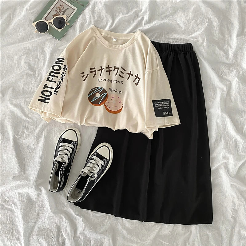 preppy style women Two Piece Set Outfit summer short Sleeve letters Tops & dress suits casual loose t-shirts + skrit woman sets