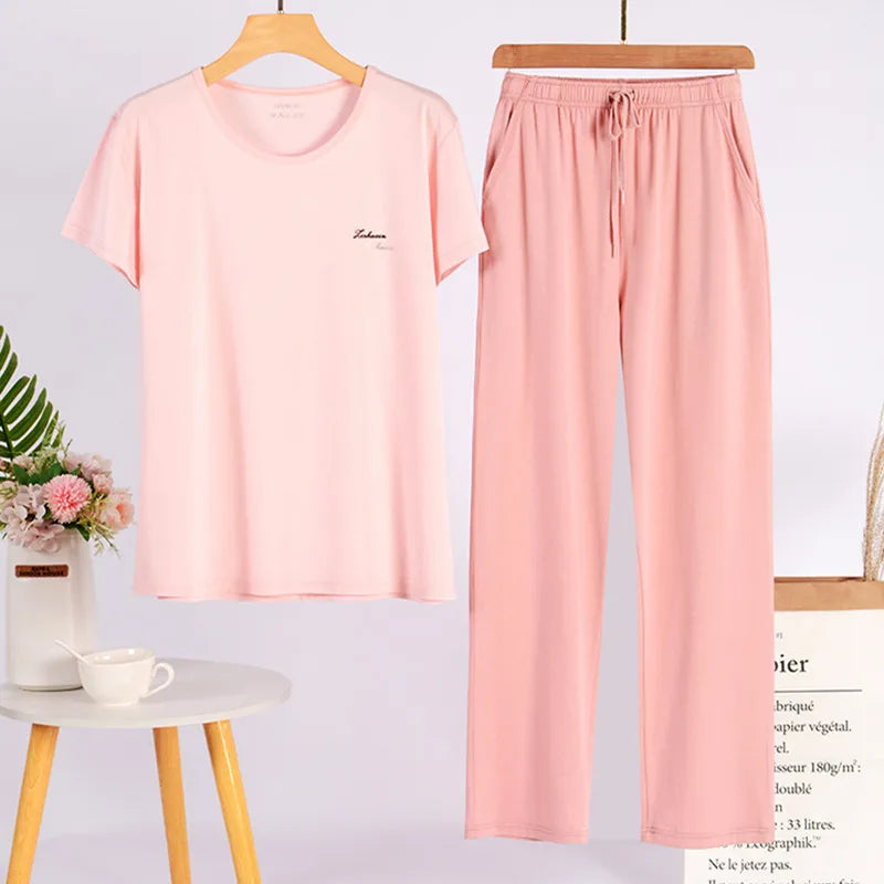 Pajama Women's Short Sleeve Long Pant Suit 2025 New Spring Summer Home Clothes Modal Large Size Pyjamas Femmes Sleepwear Set