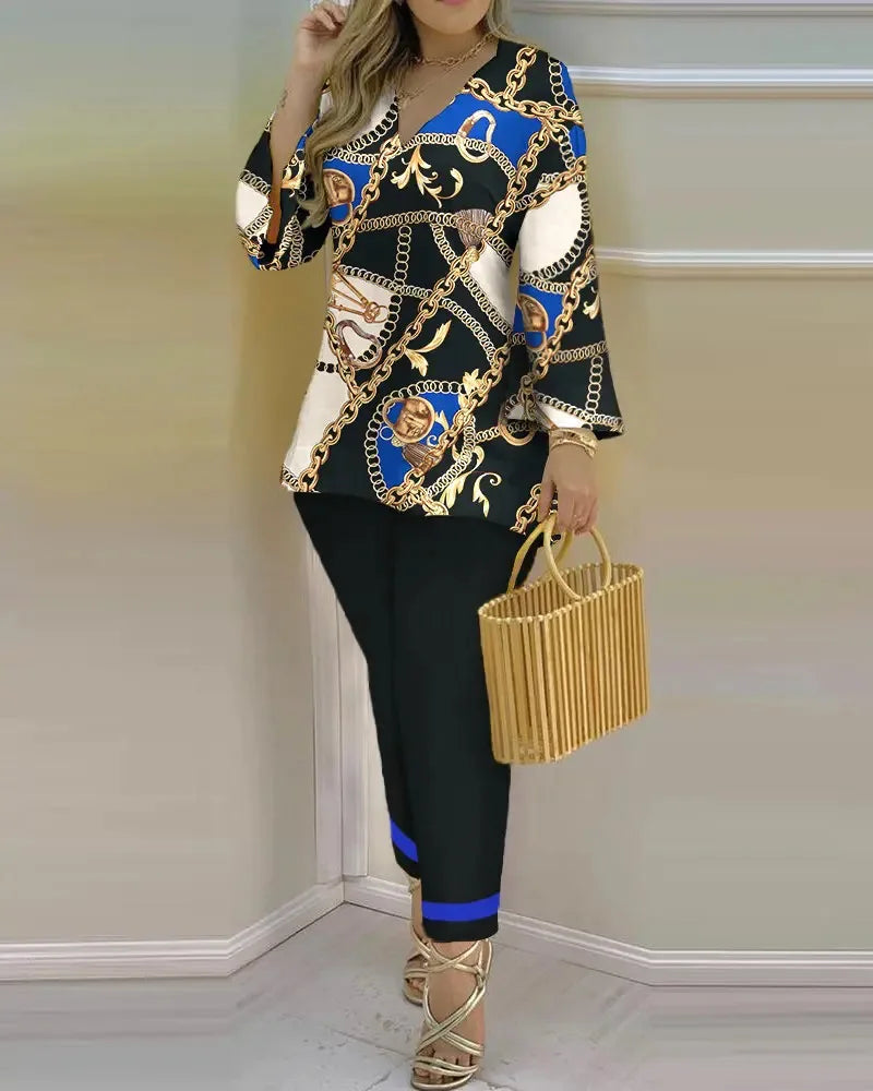 2025 Ladies' Checkered Print Suit Summer Long Sleeve V-neck Polyester Printing Two Pieces Sets Top And Long Pant Clothes Women