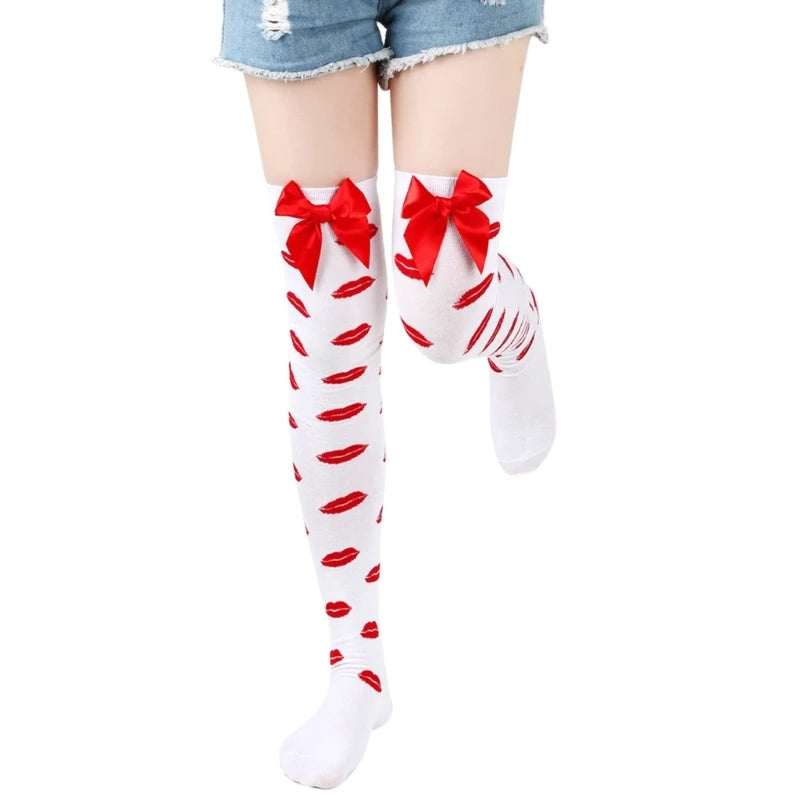 Valentine Day Bow Lip Heart Pattern Thigh High Stockings Tights for Women