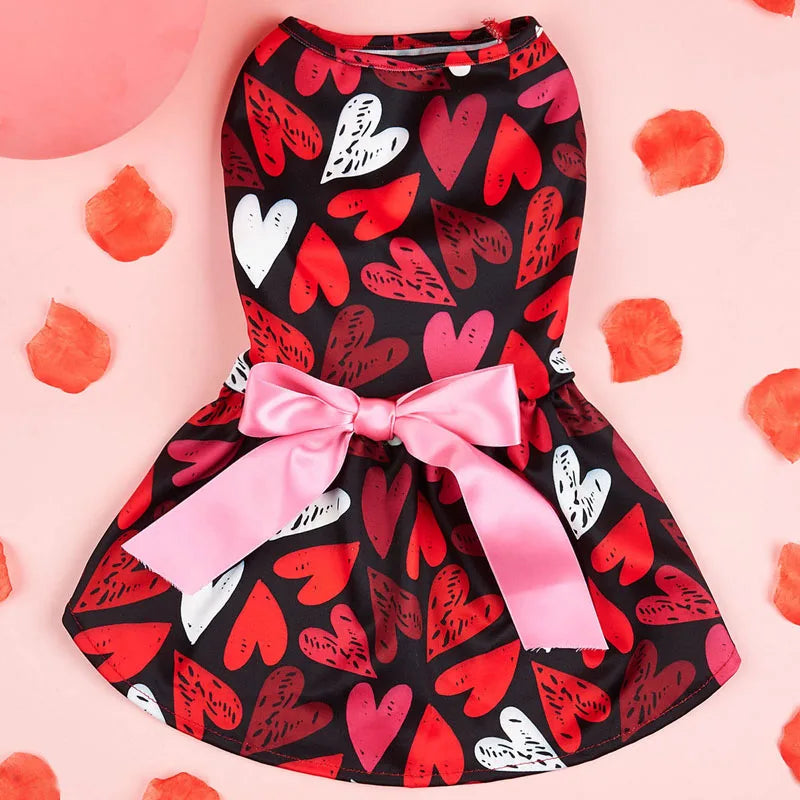 Pet Dogs Princess Dress, Heart Print Tie-up Dog cat Costume Valentine’s Day Party Styling Clothes
