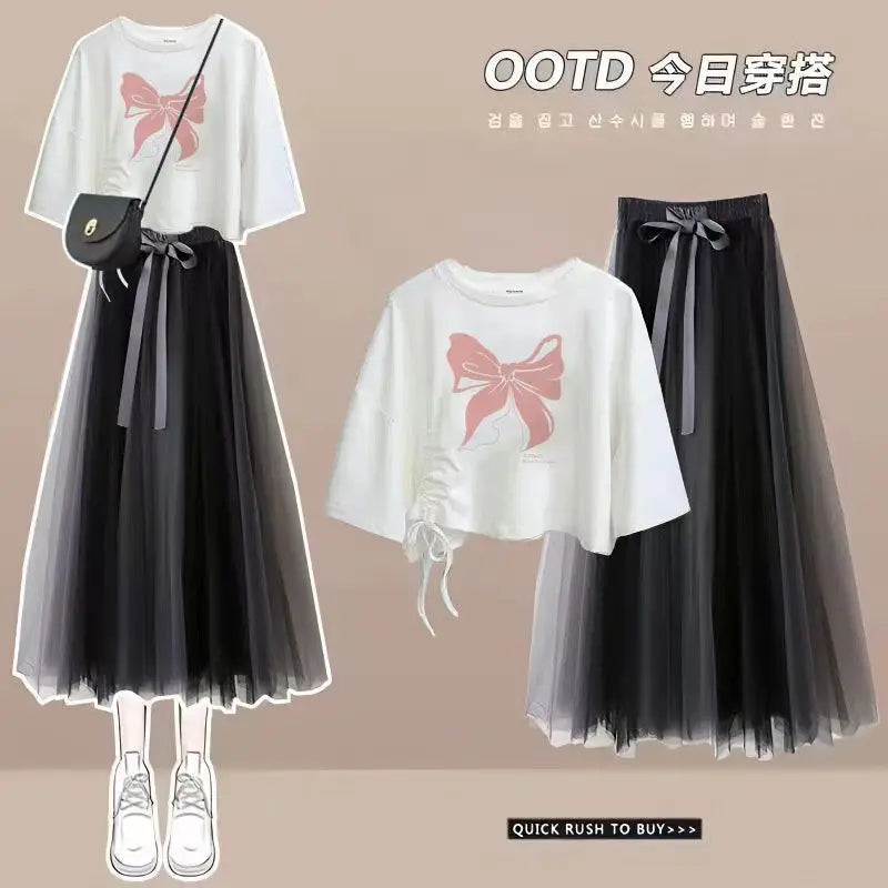 2024 Summer New Korean Elegant Cute Short Sleeved T-shirt+Mesh Midi Skirt Two Piece Suit Women's Loose Top Dress Matching Set