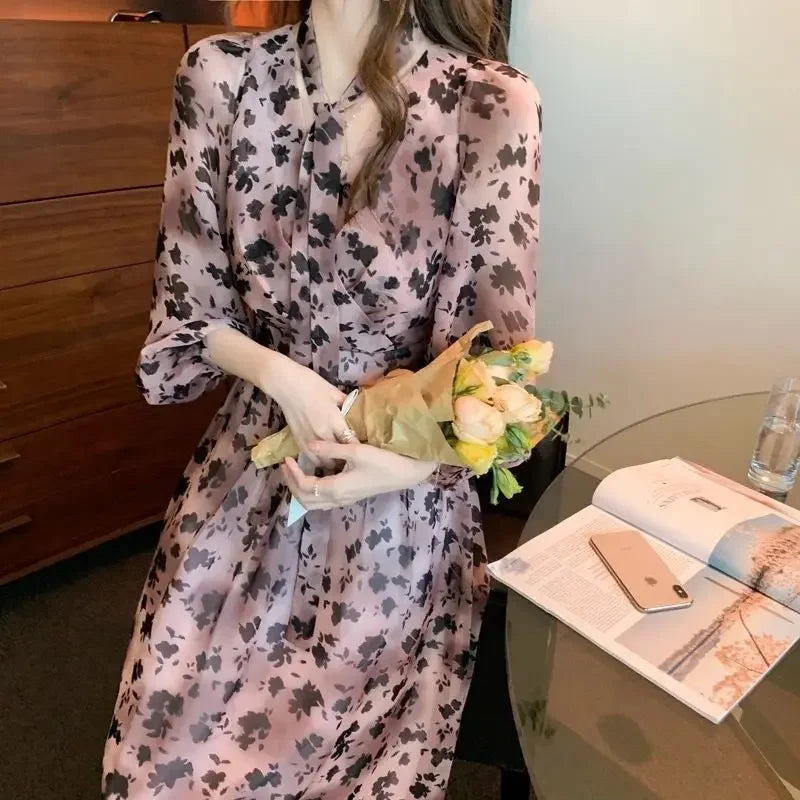 Women's Dress Chiffon Female Dresses Beach Flower Loose Silk Floral Satin 2024 Fashion Summer Curvy Clothes Harajuku Outfits Hot