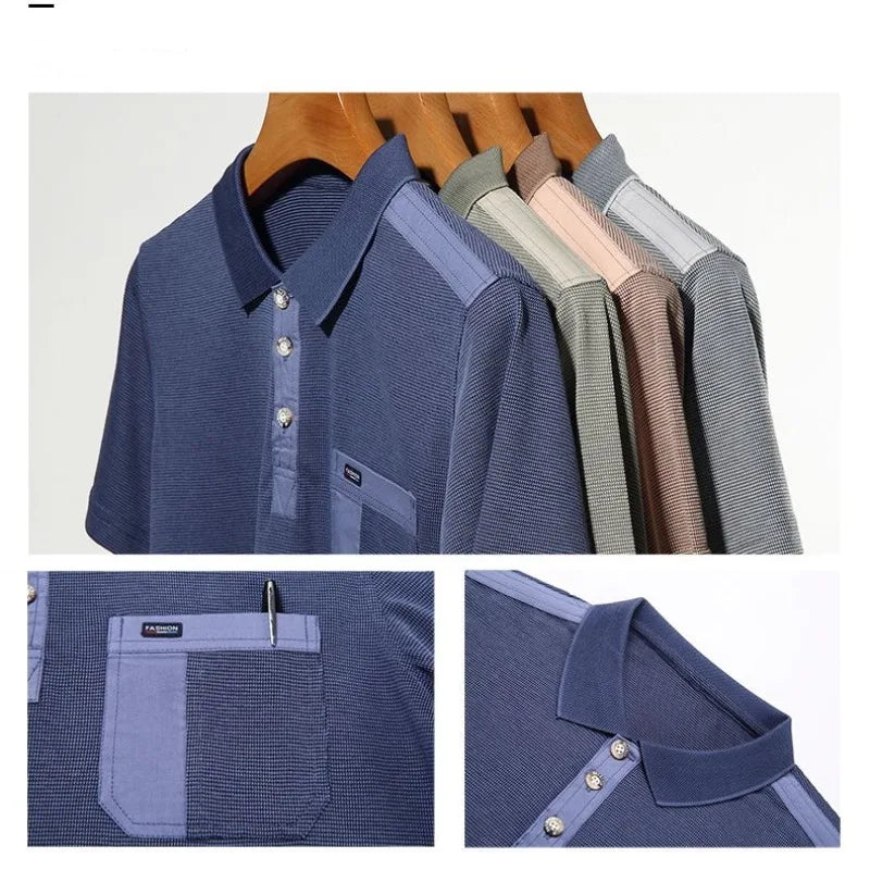 Men's Short Sleeve T-shirt Blouses Summer Thin Casual Poloturn-down Collar Tees Pockets Fashion Patchwork Vintage Tops mon