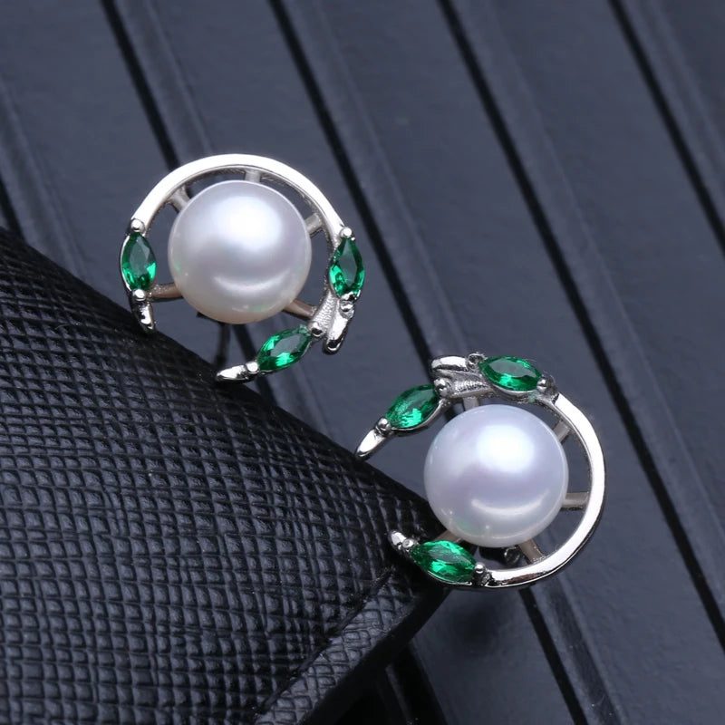 FENASY 925 Sterling Silver Natural Pearl Emerald Jewelry Sets Leaf Earrings Necklace Pendant Engagement Ring Sets For Women