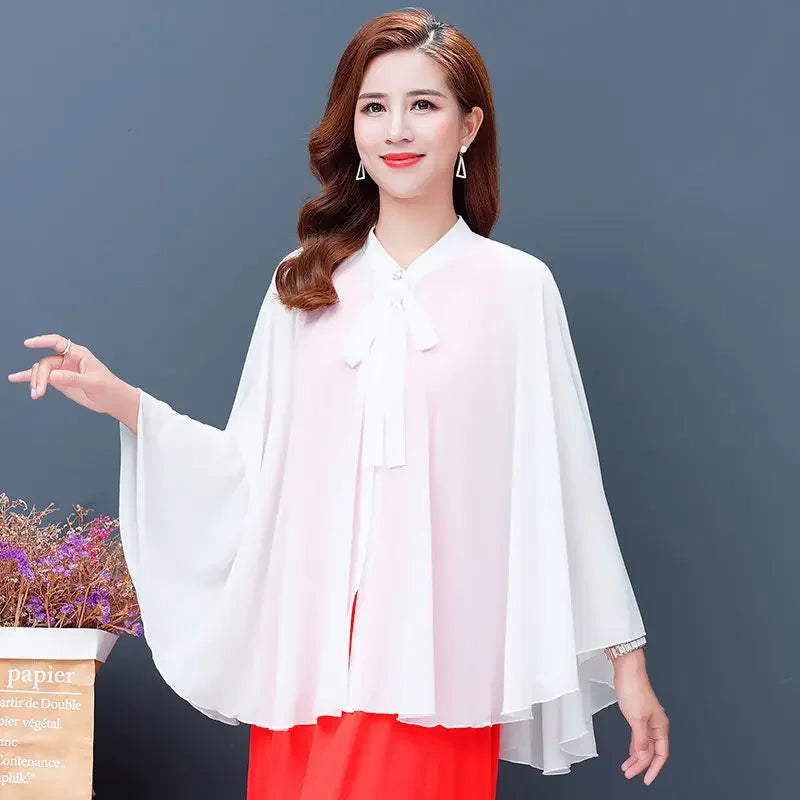 2025 Summer New Shawl Chiffon Sunscreen Clothes Women Lace Up Cloak Thin Air Conditioning Cardigan Lady Poncho Capes Black