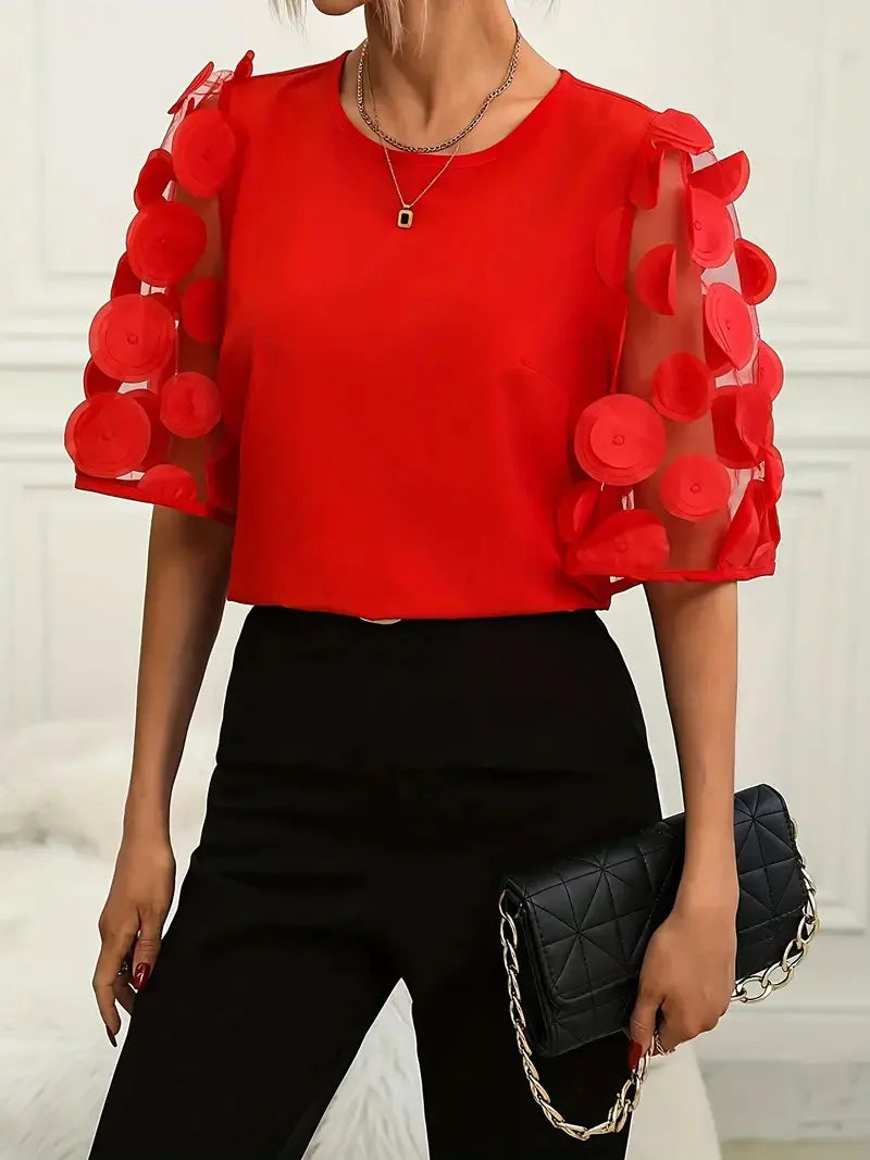 Fashion Lace Splicing Hollow Short Sleeve Women's Blouse Summer Elegant Office Lady Shirt Solid Color Casual O Neck Blouses Tops