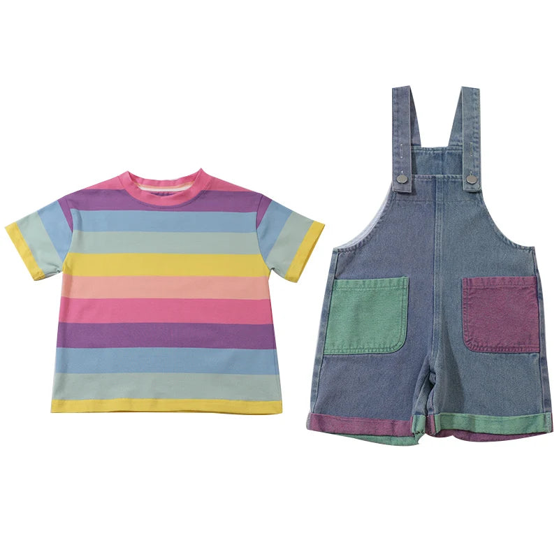 Rainbow T-Shirt Summer Bib Pants Baby Girls Shorts Jumpsuit Boy Cute Colorful Striped Short Sleeve Tops+Denim Short overalls Set