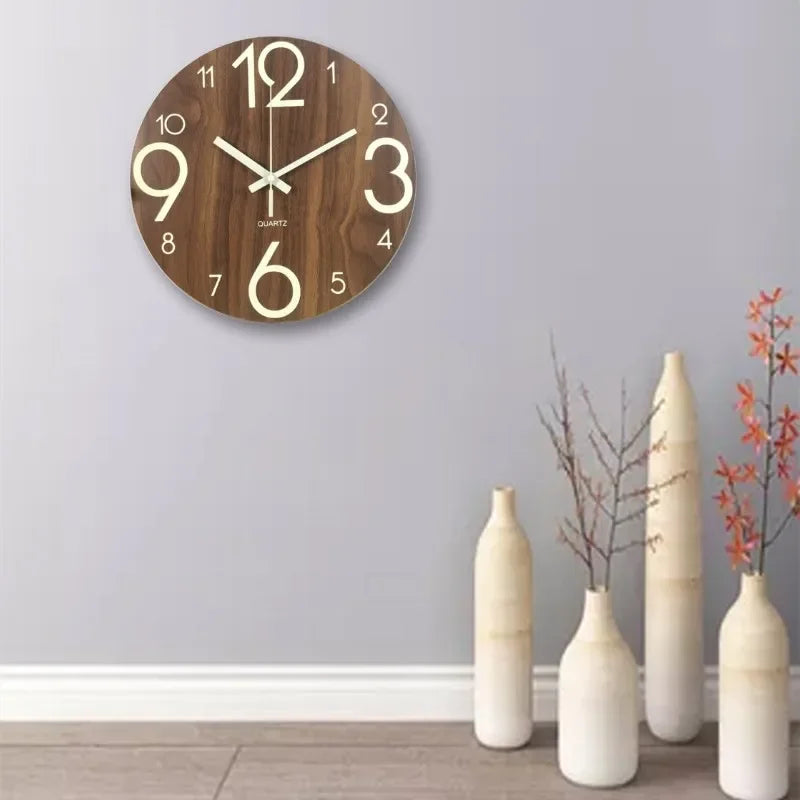 12 Inch Wall Clock Luminous Wood Night Glow Visible Nordic Silent Clock Decoration with Night Light for Bedroom Living Room Home