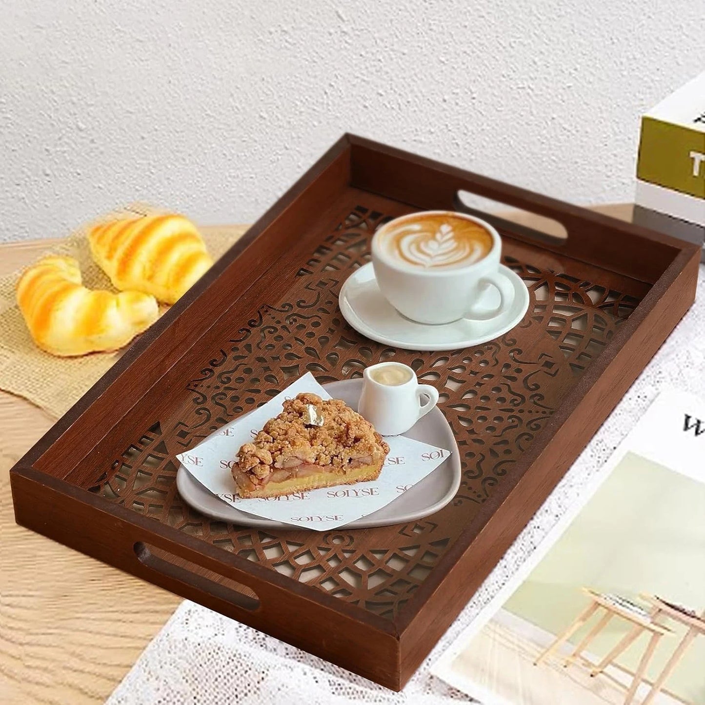 Brown Wooden Rectangle Tray with Handles Boho Decorative Serving Tray for Coffee Table Bedroom Kicthen Home Decor Otttoman Tray