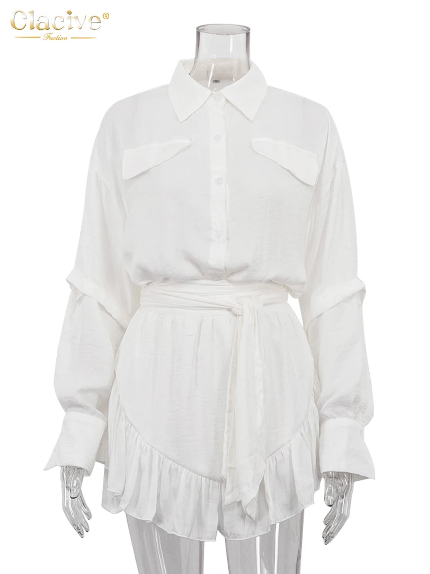 Clacive Casual Loose White 2 Piece Sets Women Outfit 2024 Fashion Long Sleeve Shirt With High Waist Pleated Mini Skirts Set