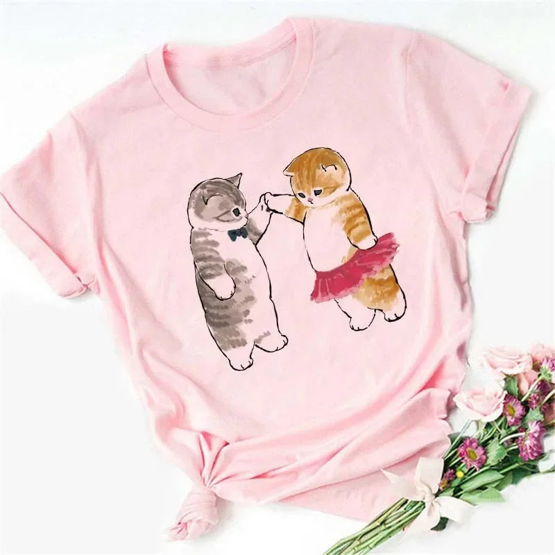 Cute Cats Printing Women T-shirts New Kawaii Women's Tops Fashion Women Clothing Funny Korean Style Creative Casual Clothes Tees