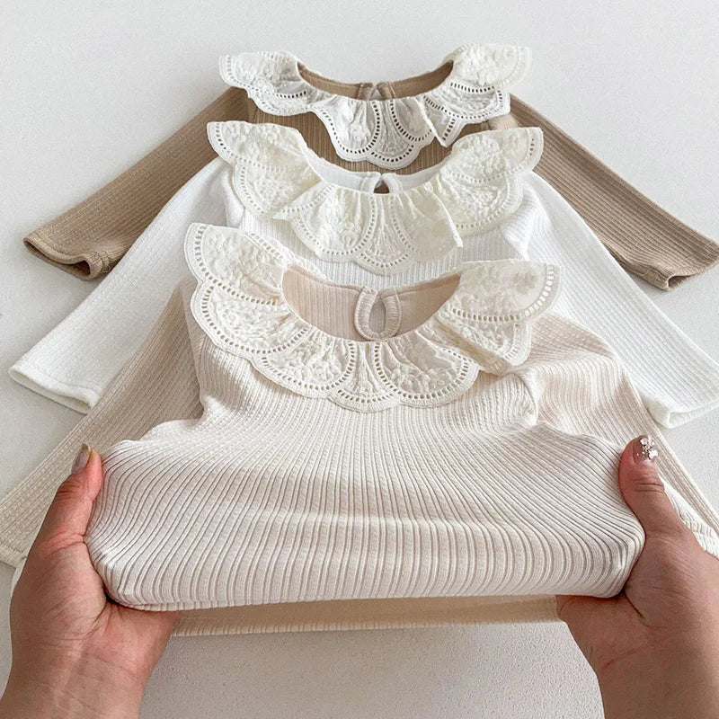 2024 Baby Herbst Kleidung Spitze Kragen Baby Tops Mit Langen Ärmeln Kinder Pullover Infant T Shirt für Mädchen Kleidung Kleinkind Bluse 0-2Y