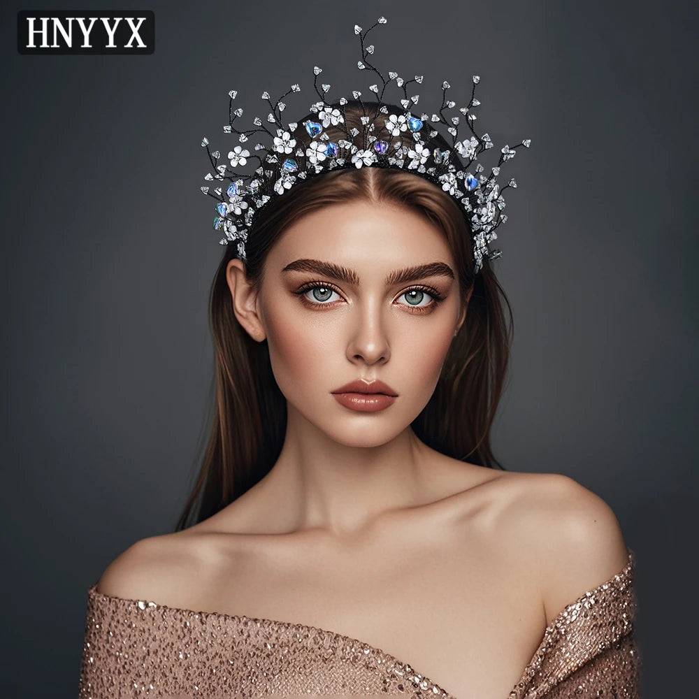 HNYYX Fashion Rhinestone Crown Women's Hair Accessories Earrings Set Handmade Jewelry Princess Hair Tiara Headband Gift A243
