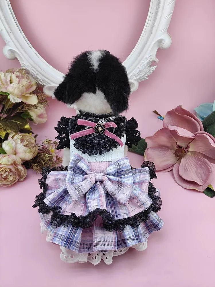 Handmade Dog Clothes Pet Supplies Princess Uniform Style Dress Pink Blue Plaid Daily Walking Apparel Poodle Maltese Chihuahua