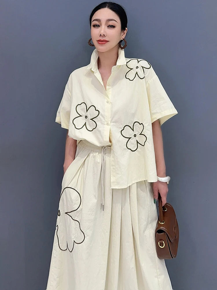 SHENGPALAE 2024 Summer New 2 Piece Set For Women Fashion Print Casual Loose Elegant Shirt And Skirt Female Trend Clothes 5C1264