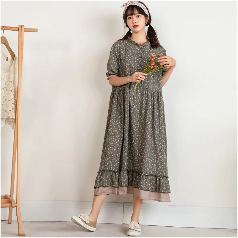 Japanese Fashion Print Dress Pretty Cotton Linen Spring Women New Floral Loose Long-sleeved Dress Midi Vestido de Mujer Clothes clothes