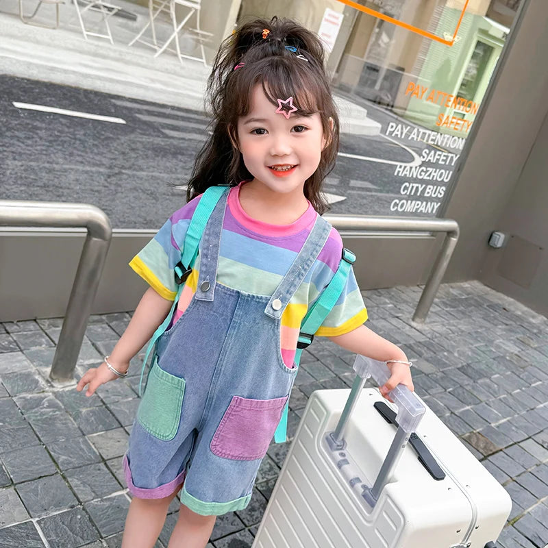Rainbow T-Shirt Summer Bib Pants Baby Girls Shorts Jumpsuit Boy Cute Colorful Striped Short Sleeve Tops+Denim Short overalls Set