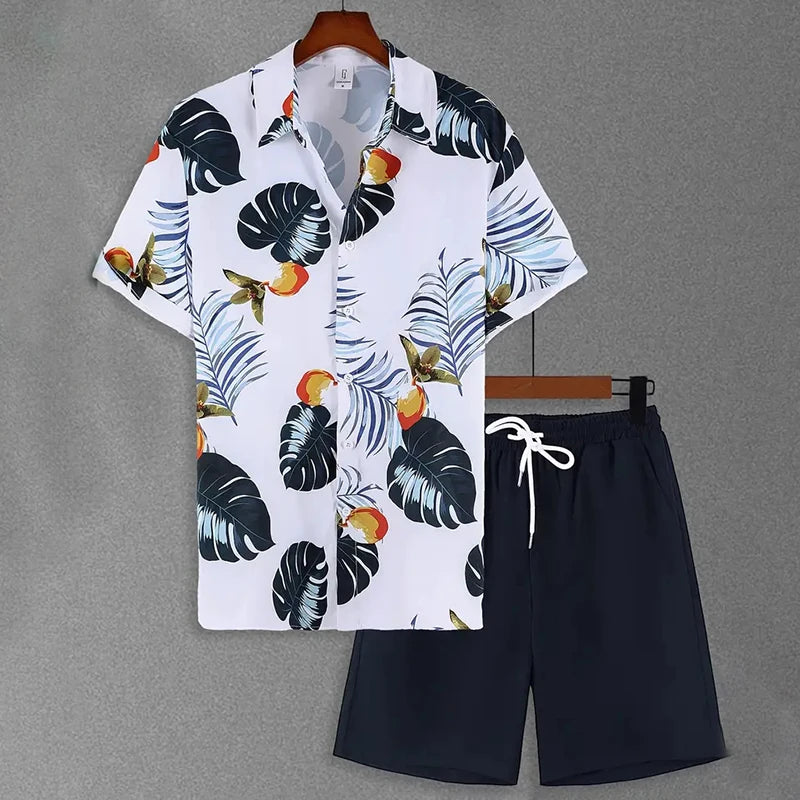 Stylish Lapel Button-Down Shirt Shorts Set Summer Men's Short-Sleeved Shirt Drawstring Shorts 2-Piece 3D Leaf Print Travel Suit mon