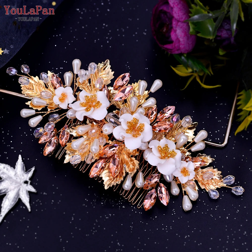 YouLaPan Gold Floral Wedding Hair Comb Bridal Crystal Pearls Headpiece Hair Accessories Bride Jewelry Women Hair Clips HP368
