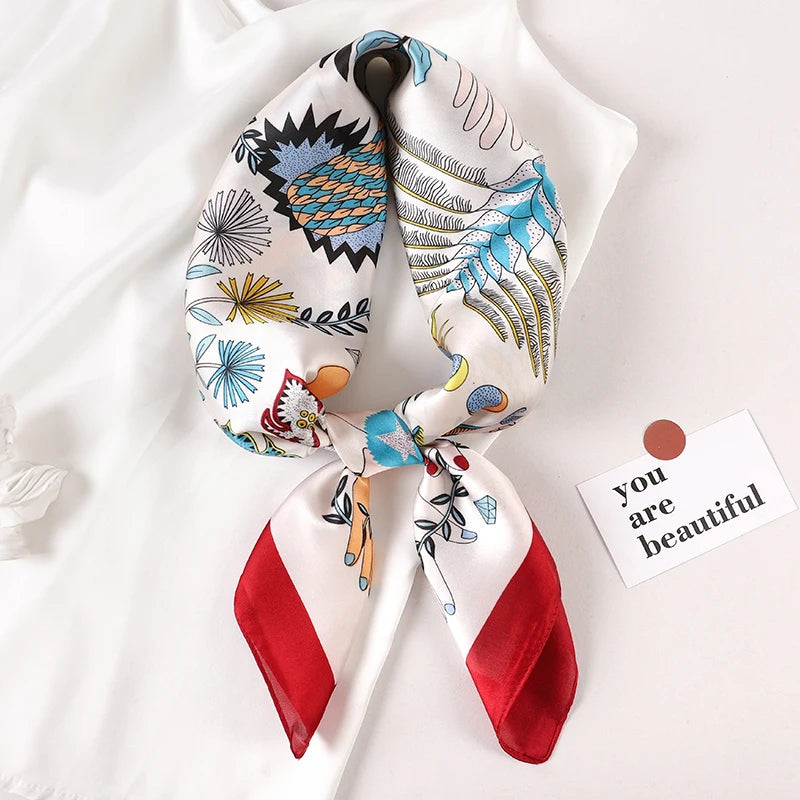 Luxury Brand 2023 Silk Square Scarf Women Cat Neck Hair Tie Band Beach Hijab Kerchief Head Headbands Bandana Female Foulard 70cm