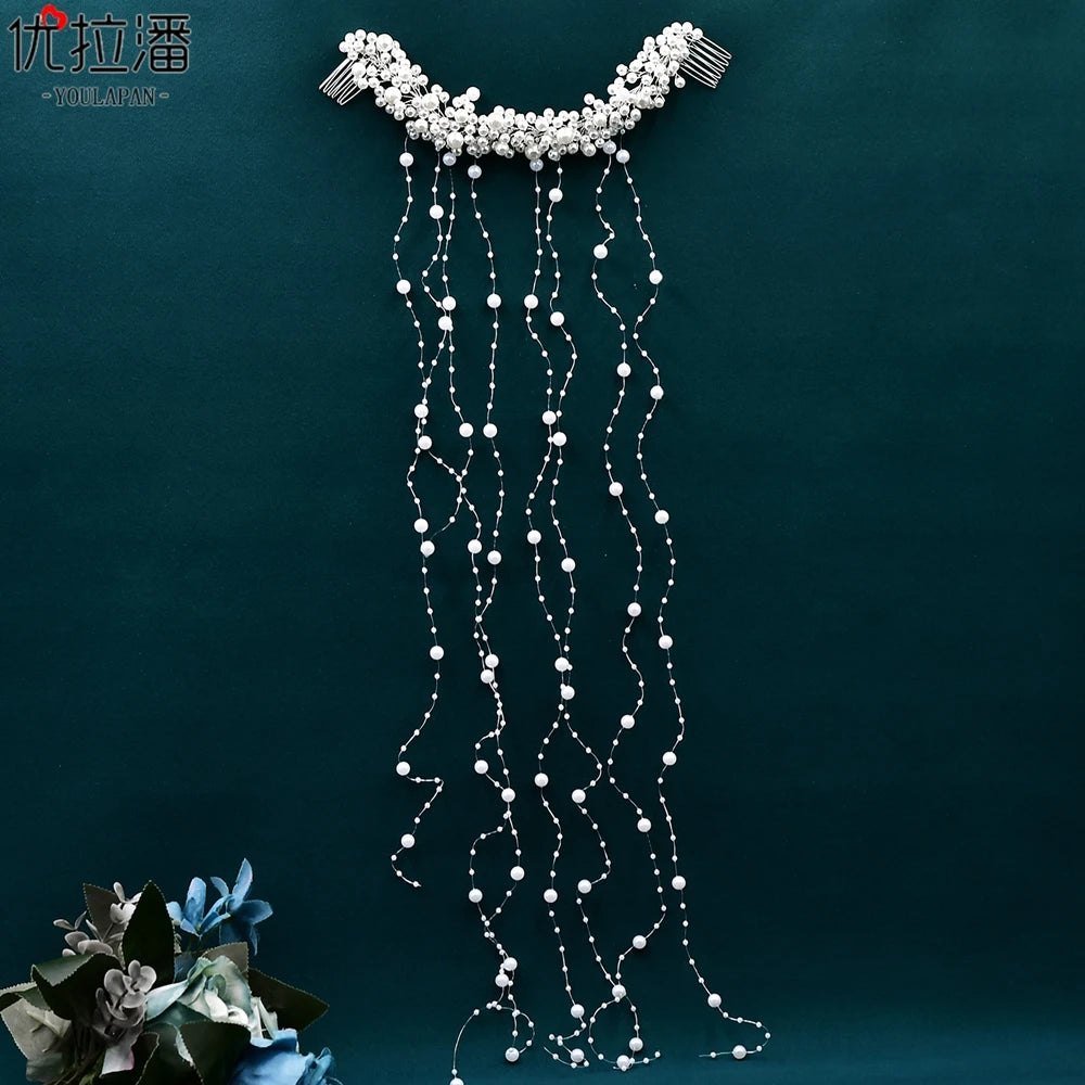 YouLaPan Elegant Women Bride Headwear Handmade gauze Flower Wedding Princess Headband Long Pearl Tassel Hair Accessories HP691