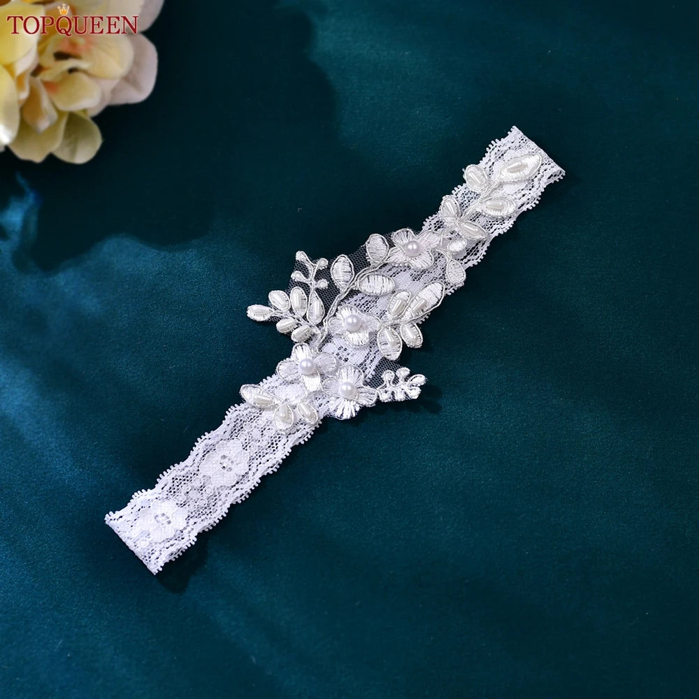 TOPQUEEN Simple Wedding Bridal Garter White Lace Elastic Leg Band Embroidered Flowers Faux Pearls Decorative Women Thigh Rings