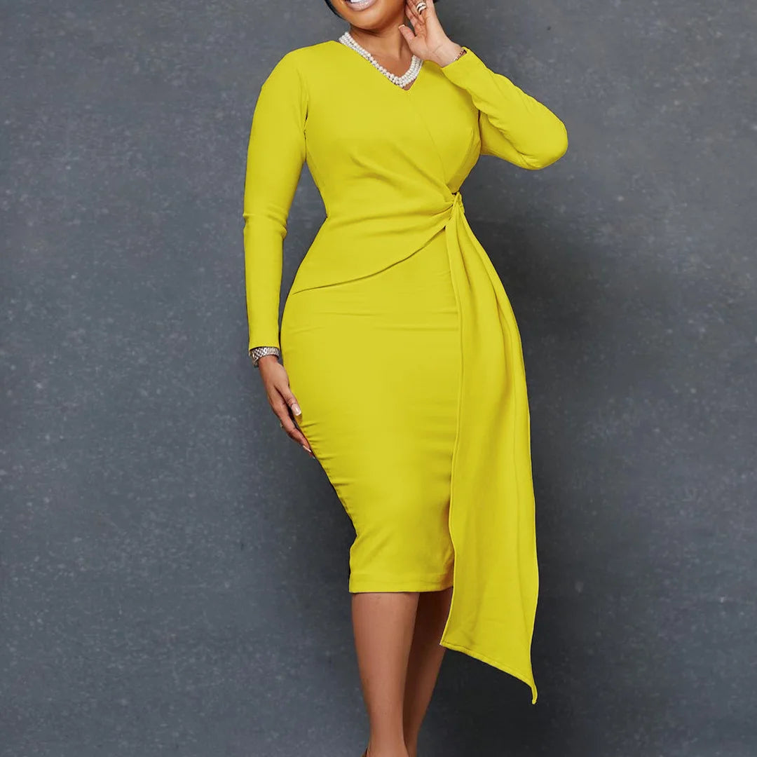 FairyShely Spring 2025 Bodycon Plus Size Dress Women Large Long Sleeve Big Dresses Lady Solid O Neck Party Tight Curvy Dress